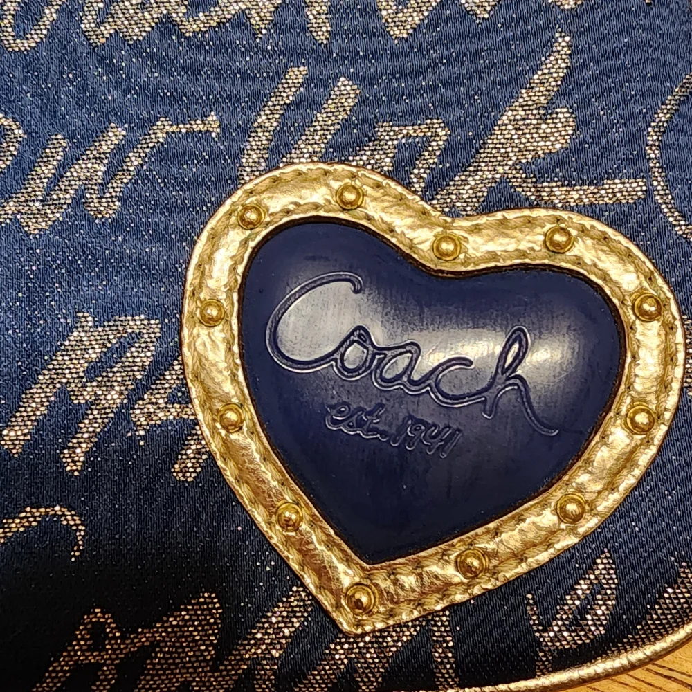 Coach Navy Blue Glitter Script Heart Wristlet - Picture 2 of 10